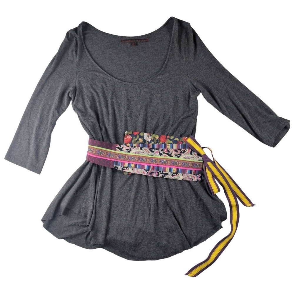 Common Thread Women's Gray Boho Colorful Patchwork‎ Belted 3/4 Sleeve Shirt Med
